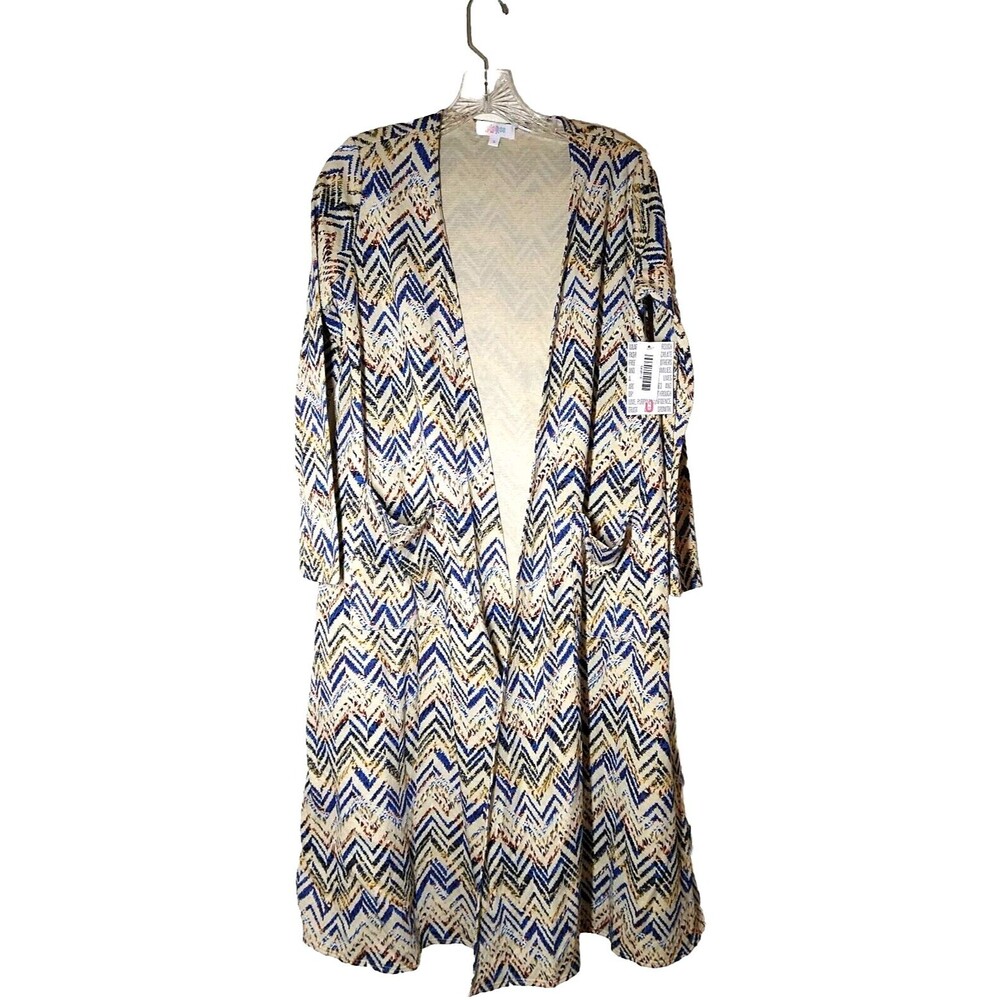 NWT Lularoe Sarah Duster Cardigan Jacket Women Medium Small Tan Blue Chevron